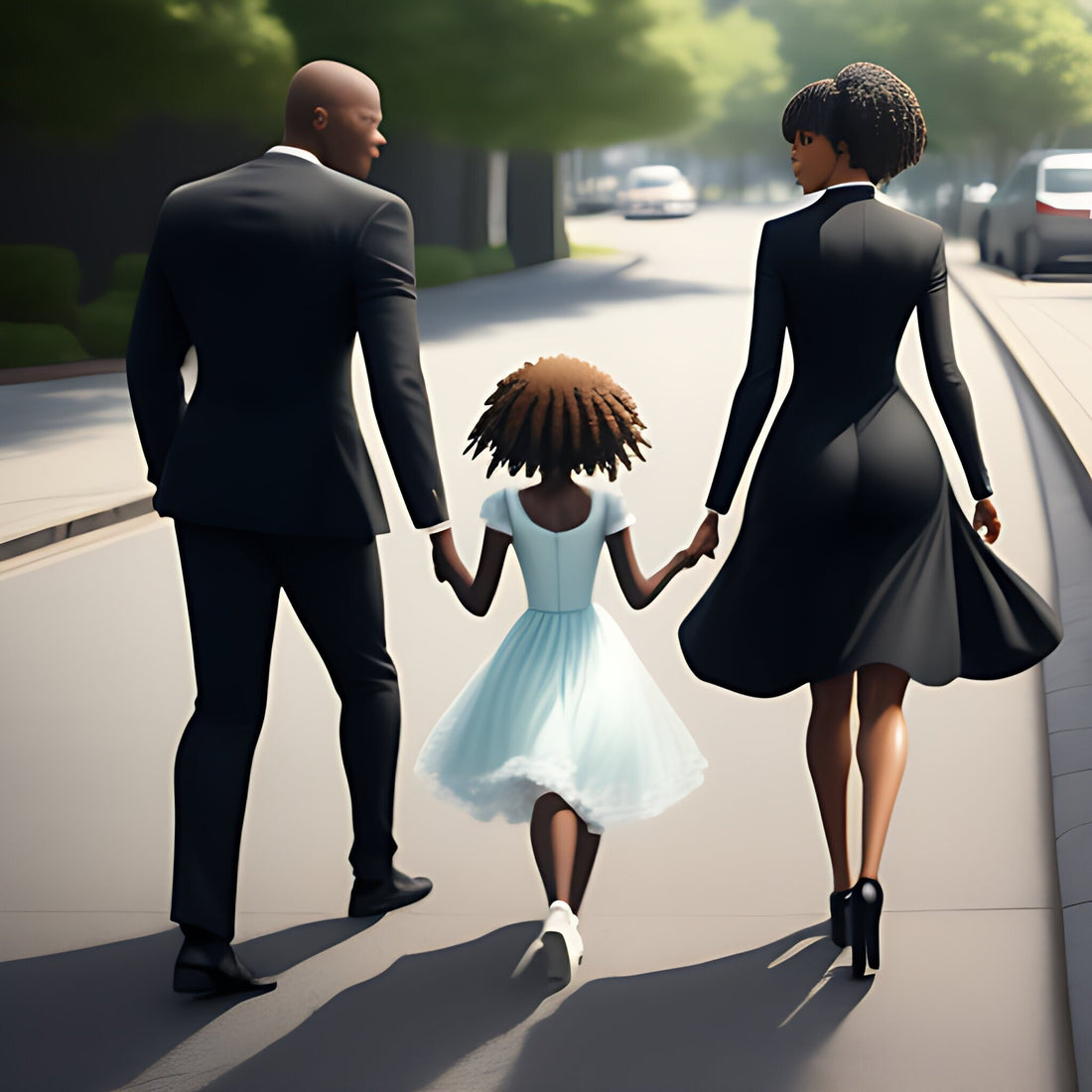 an image of a man walking with a child and an older woman on a beautiful summer's day.