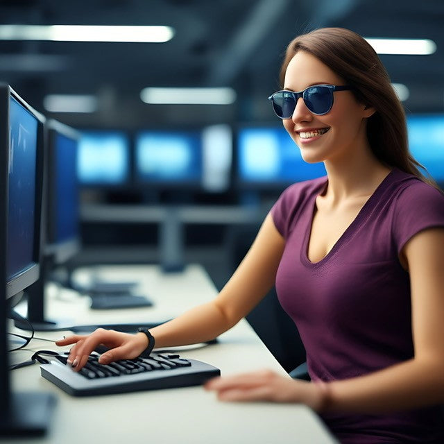 woman wearing sun glasses sitting at a pc smiling with hands on her keyboard