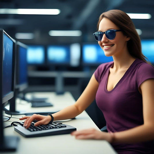 woman wearing sun glasses sitting at a pc smiling with hands on her keyboard