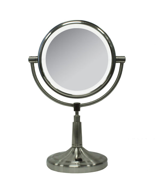 Cordless LED makeup mirror with 10X and 1X magnification, 7-inch optical glass, dual-sided design, and brushed metal stand