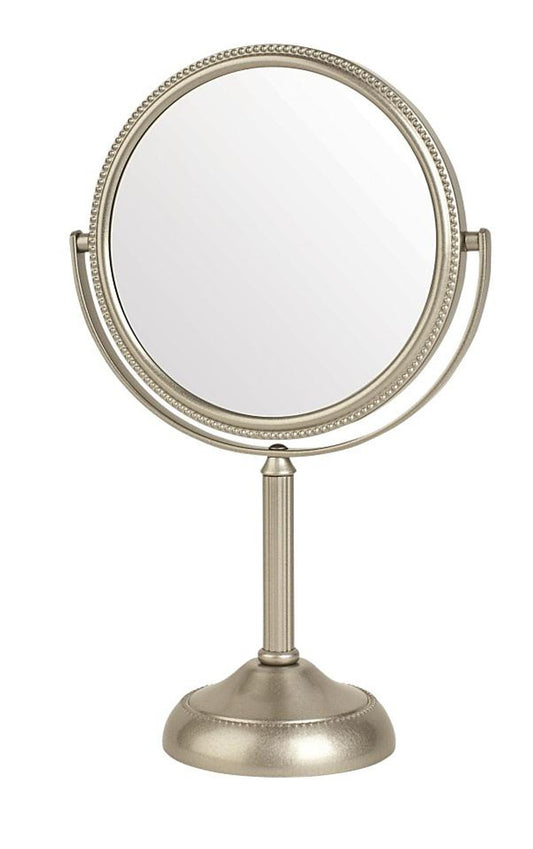 Double-sided makeup mirror with 10X and 1X magnification, 6-inch optical glass, non-illuminated, brushed nickel finish