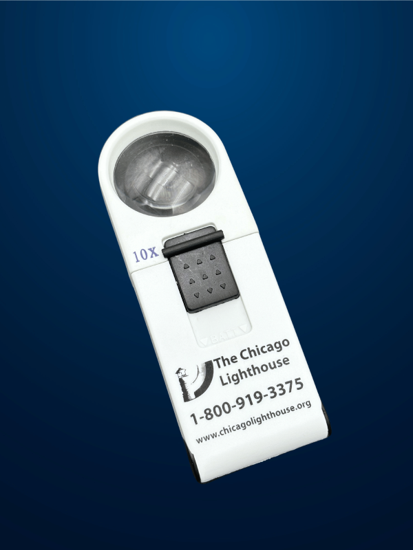 10X Round illuminated Hand-Held magnifier in white with black switch and Chicago lighthouse logo