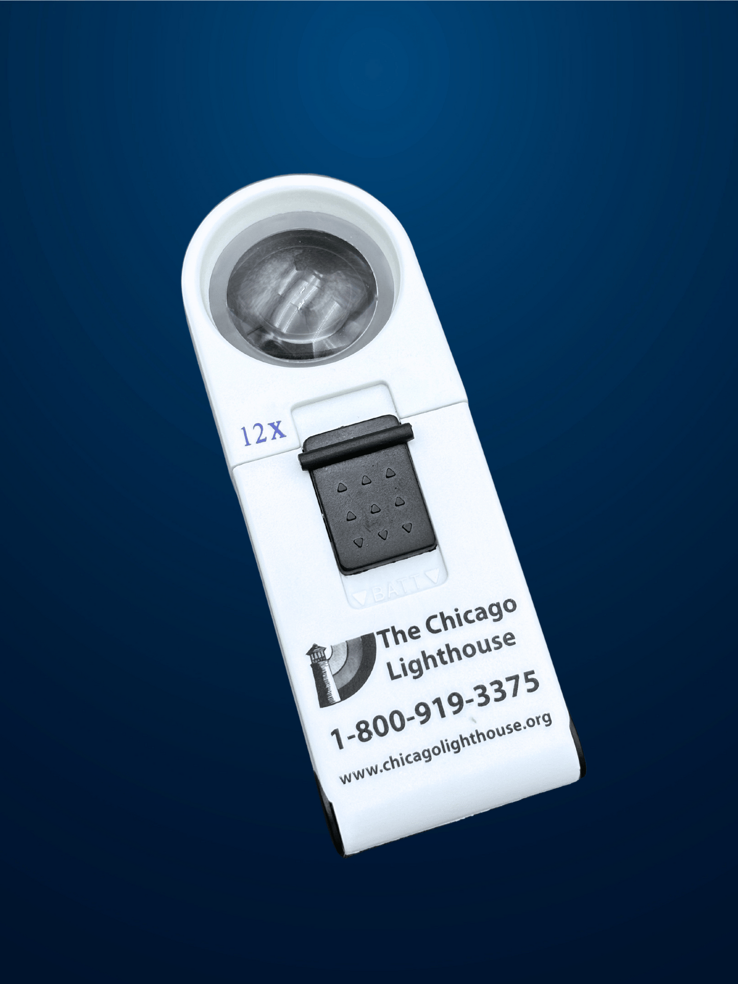 12X Round illuminated Hand-Held magnifier in white with black switch and Chicago lighthouse logo