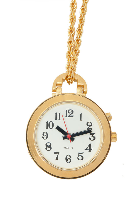 Gold-tone talking pendant watch with a classic white analog face, large black numbers, and black hour and minute hands. It hangs on a thick, gold-tone 27-inch chain. A small red second hand and easy-to-press side buttons make it accessible for users who are blind or have low vision.