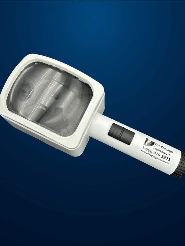 3X Large illuminated Stand magnifier in white with black switch and Chicago lighthouse logo