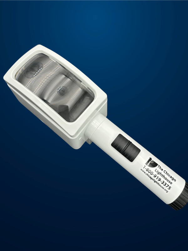 3X Small illuminated Stand magnifier in white with black switch and Chicago lighthouse logo