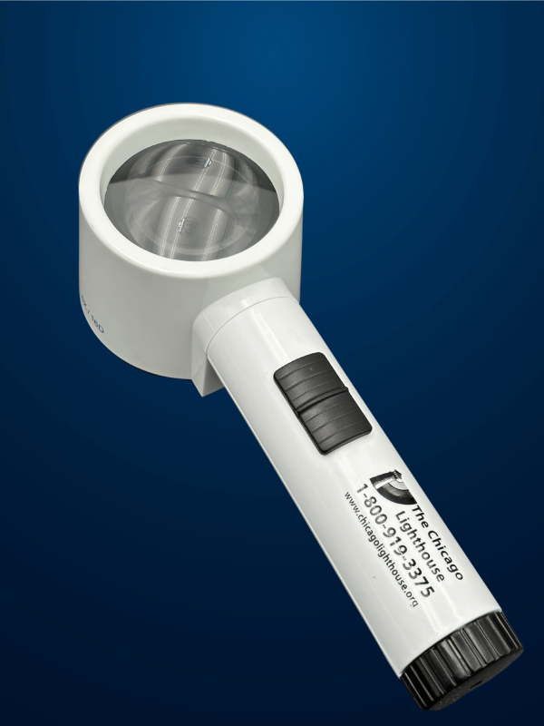 5X Round illuminated Stand magnifier in white with black switch and Chicago lighthouse logo