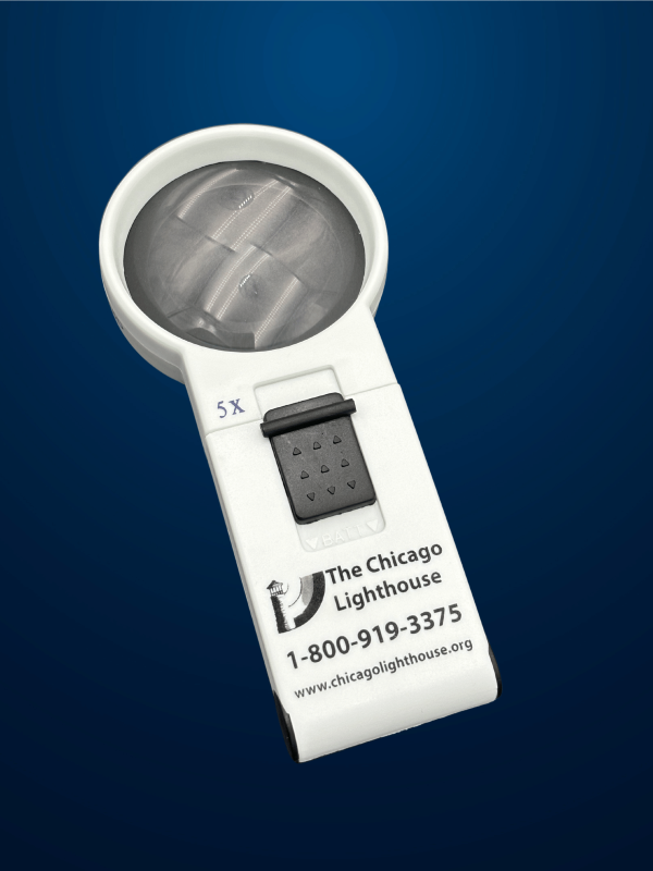 5X Round illuminated Hand-Held magnifier in white with black switch and Chicago lighthouse logo