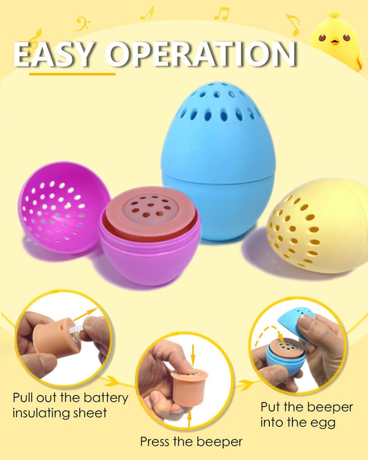 # chirping eggs shown with one open to components. Pull out battery insulating sheet. Press the beeper and put the beeper into the egg
