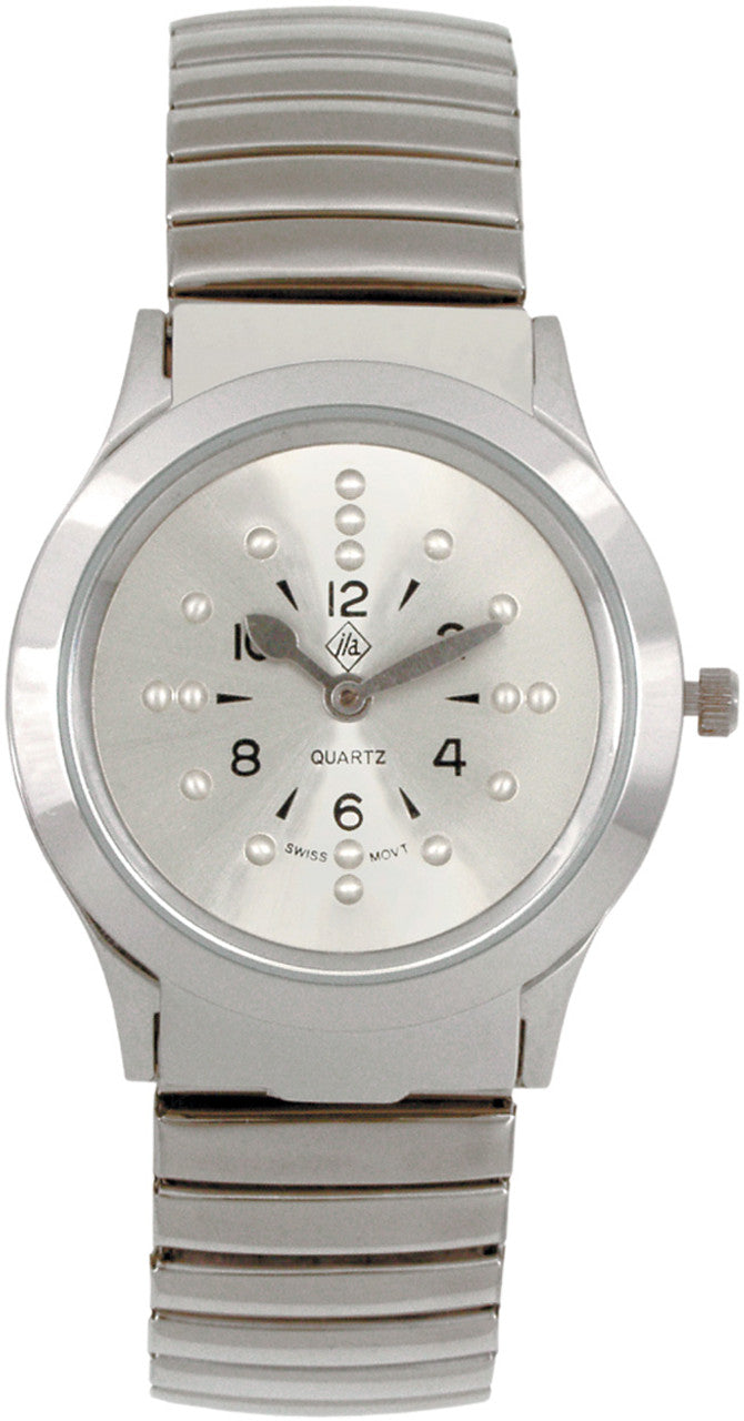 Silver Braille quartz watch with expansion band, hinged pop-up crystal, and bold black numerals for tactile time-telling
Battery-operated Braille watch for blind users, silver-tone band, hinged crystal, and raised hour markers
Accessible Braille wristwatch with tactile time-reading feature, silver face, and expansion band for men or ladies
Quartz Braille watch with flip-up glass, bold numerals, and comfortable silver expansion bracelet