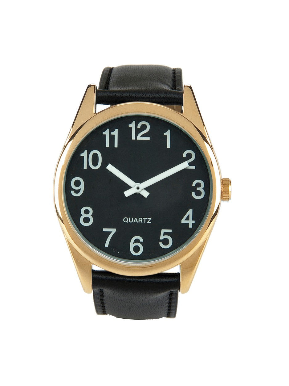 Low Vision Gold Tone Watch - Black Face with Black Leather Band