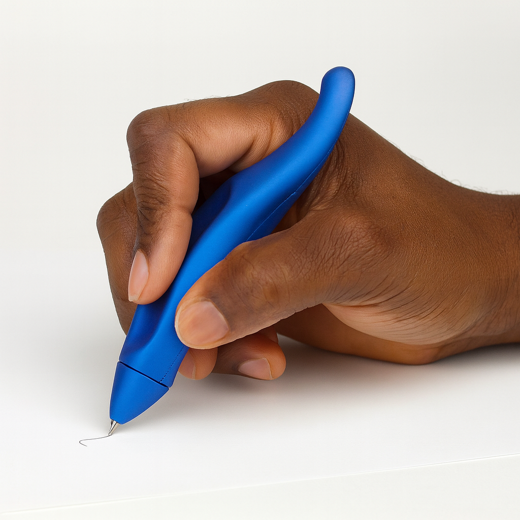 Close-up of an African-American hand holding a metallic blue PenAgain ergonomic Y-shaped pen while writing on white paper, designed for comfort and reduced hand strain.