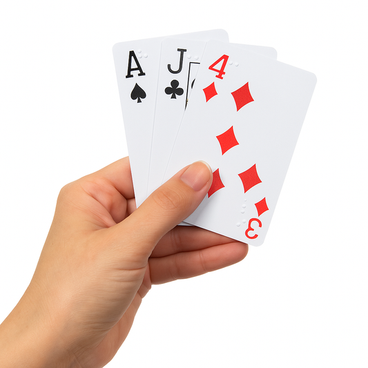 Close-up of a woman's hand holding Braille playing cards with raised dots and standard print symbols against a white background