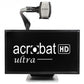 Large 27 inch screen displaying the words acrobat ultra hd in white. A camera attached to a metal arm is out over the top of the electronic magnifier looking down