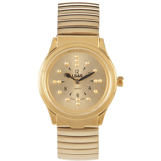 Gold tone braille watch with flex band
