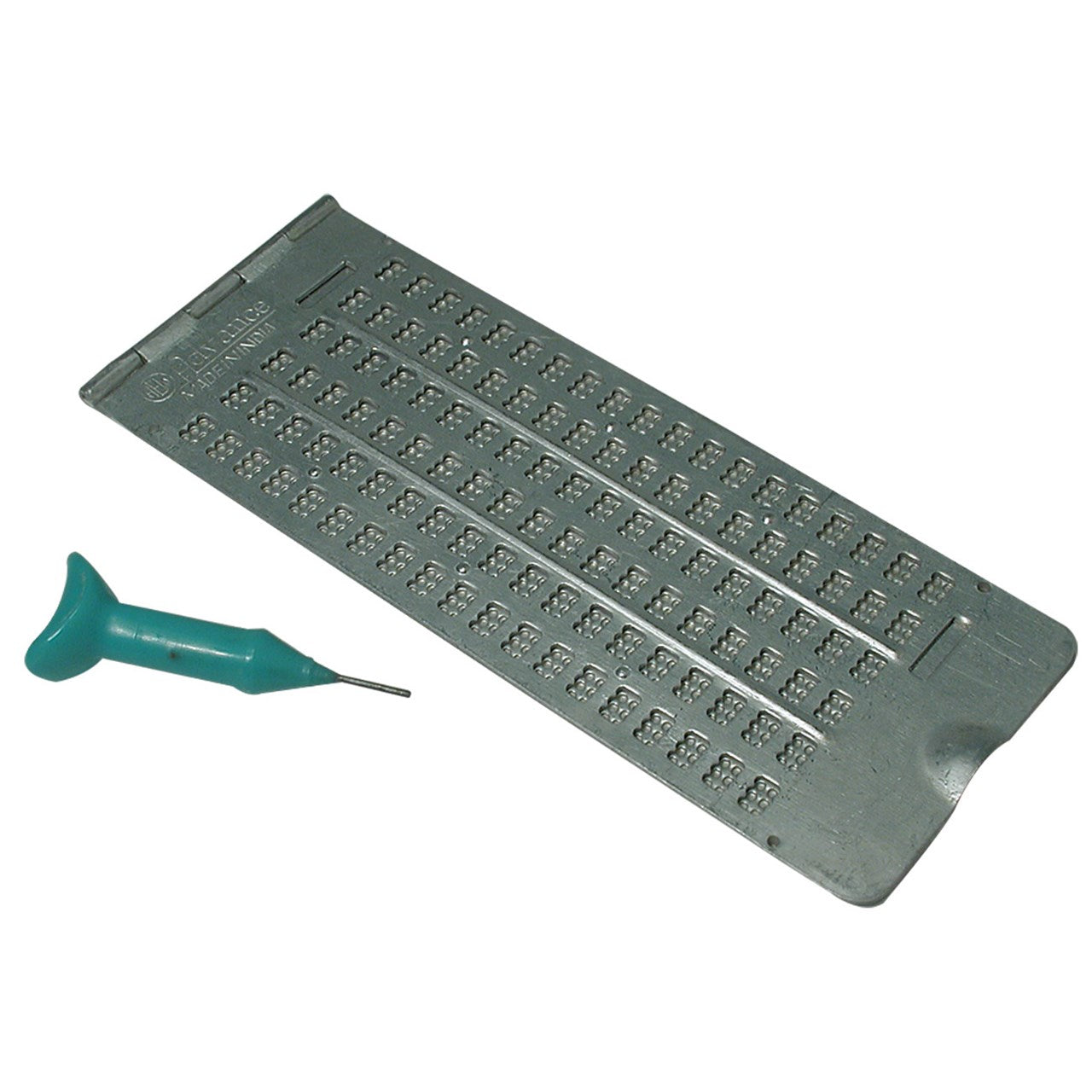 Can Do 6 Line Pocket Slate and Stylus features a metal slate with six lines and 19 cells with the pins located on the bottom. This slate comes with a stylus.