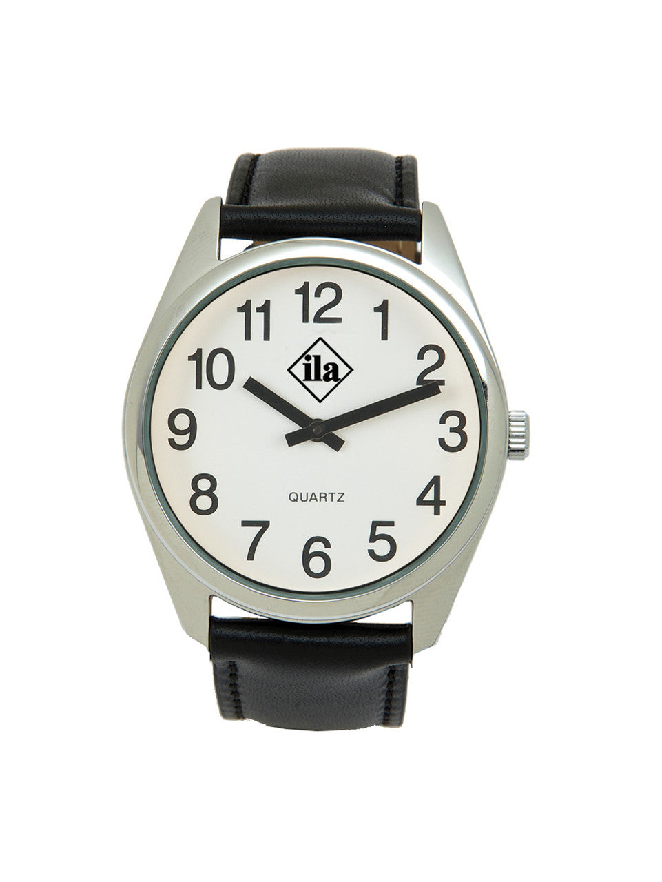 Low vision watch has a white face, silver case, and black leather band. In addition to the large size (1 3/8 inch diameter), this watch has an extra-wide shorter hour hand, a longer bold minute hand, and bold black numbers that provides maximum visibility and ease of reading. A silver colored case accents this white face, black numbered quartz watch, which is offered with a genuine black leather strap.