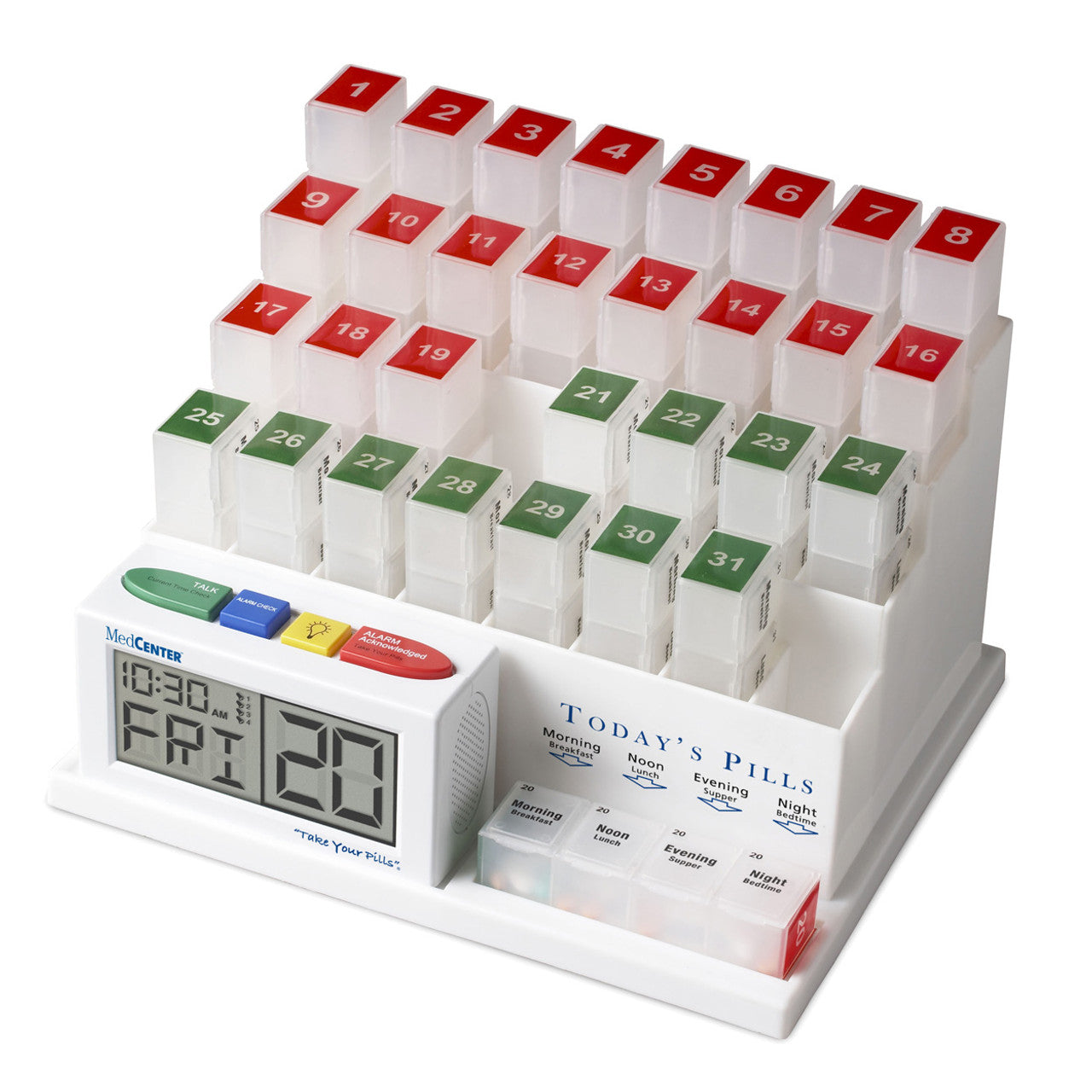 The MedCenter Talking Pill System - 1 Month was designed by two sons to ensure that their father took his medication regularly. Thirty-one individual boxes, each with four pill compartments, sit in a frame. At the beginning of the month, you can put the pills into each room. Each day you take out the box corresponding to that day.