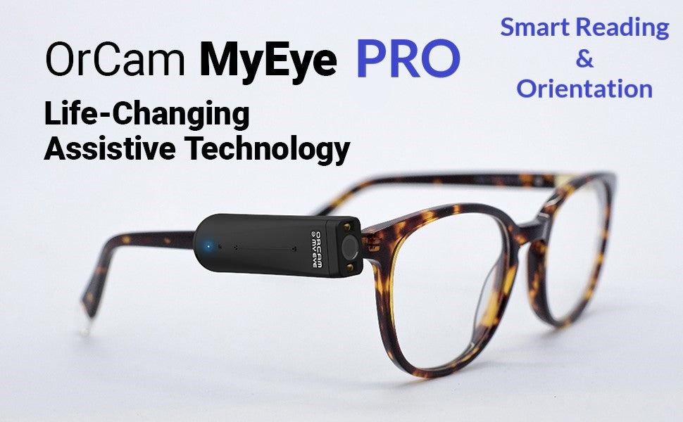 Orcam MyEye Pro magnetically connected to a pair of eyeglasses. Wearable Technology, adaptive technology