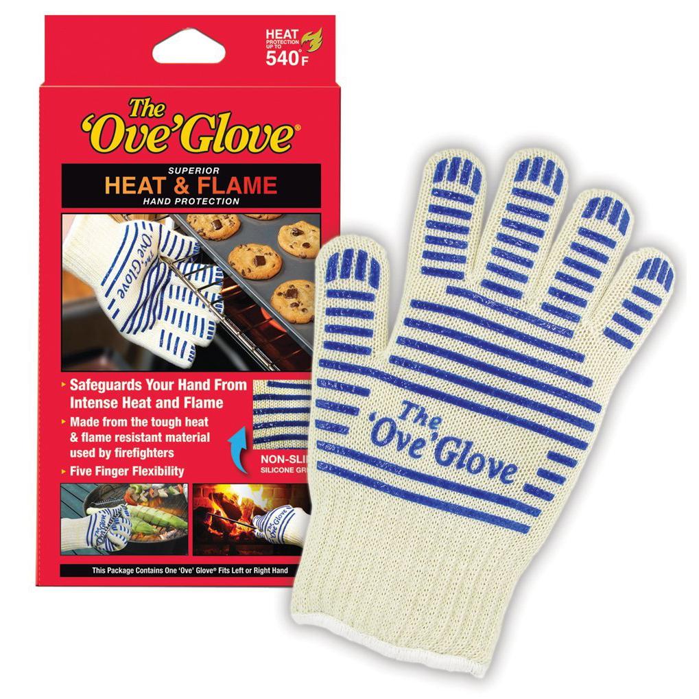 The Ove Glove - Hot Surface Handler oven mitt is great for the kitchen, the barbeque and handling other hot surfaces around the house or projects around the home. The Ove Glove dramatically extends the time you can handle a hot object in your hands. The tough exterior layer of the glove is designed as a thermal insulator to slow the temperature increase in the soft, doubleknit cotton interior of the glove. If exposed to an open flame, the outer layer of the glove is flame resistant and does not melt.