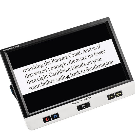 The Eschenbach Visolux XL HD portable magnifier showing text with its blinds enabled, limiting the amount of text shown to just the center strip of the screen.