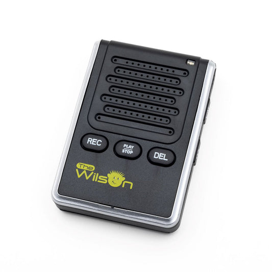 Wilson Digital Voice Recorder 10, a simple and affordable device designed for people with low vision. Made from high-quality components, it allows users to easily record and playback shopping lists, reminders, to-do lists, notes, appointments, messages, and more. Compact and user-friendly, it’s perfect for capturing ideas, directions, and audio instructions on the go. Featured here what a speaker on the front and three buttons reading Rec, Play/Stop, and delete and two unreadable buttons on the side of the