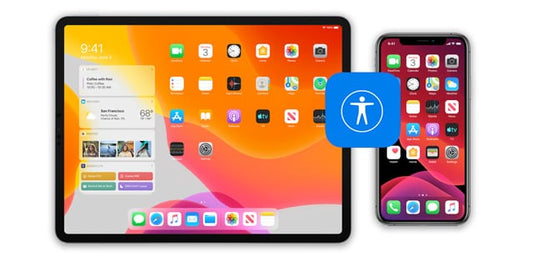 An iPad and an iPhone displayed with the accessibility icon sitting between them. 