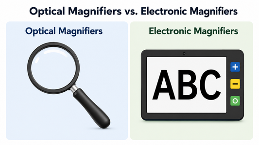 Optical Magnifiers vs. Electronic Magnifiers with Optical Magnifiers icon on the left side and an Electronic Magnifier icon on the right side