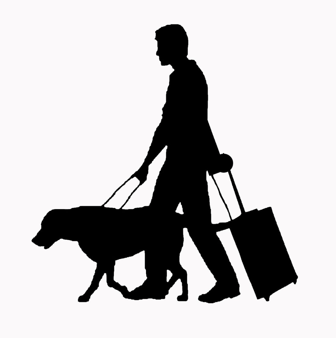 A silhouette of a man and his guide dog walking while the man is pulling a suitcase.