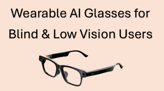 Wearable AI Glasses for Blind and Low Vision users along with a photo of a glasses frame withtwo cameras on the top corner edges of the frames. 
