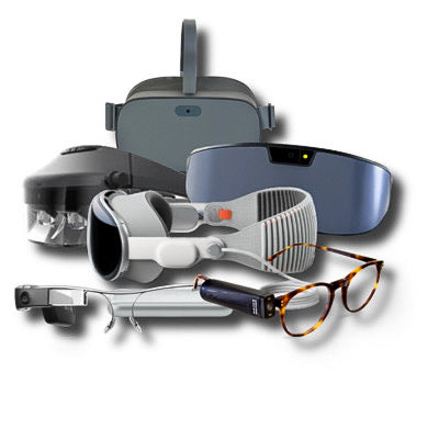 Featured here are six different types of accessible wearable devices; the OrCam Pro, Vision Buddy, IrisVision Inspire, Acesight, and the Apple Vision Pro.