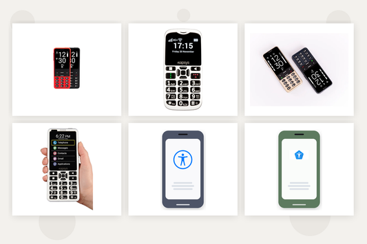 Collage of accessible cell phones with tactile buttons, iPhone and Android accessibility symbols, and smartphone-style devices for blind and low vision users.