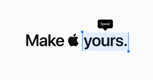 Text reads "Make [Apple Logo] yours." with the word "yours" highlighted with the clickable "Speak" button above it. 