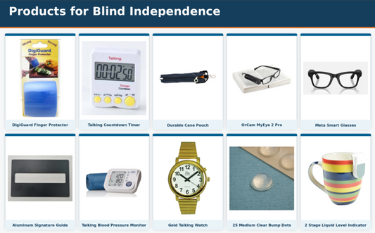 Ten assistive products for blind independence, including talking tools, smart glasses, a signature guide, bump dots, and a cane pouch.