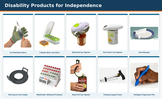 Collage of 10 disability products for independence, including kitchen aids, medication support, writing support, and mobility tools.