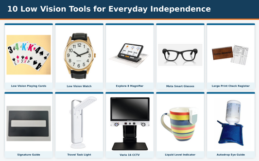 Collage of 10 low vision tools for reading, timekeeping, lighting, safety, and daily independence.