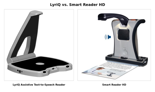 LyriQ Assistive Text-to-Speech Reader and Smart Reader HD shown side by side for comparing audio and visual reading support.