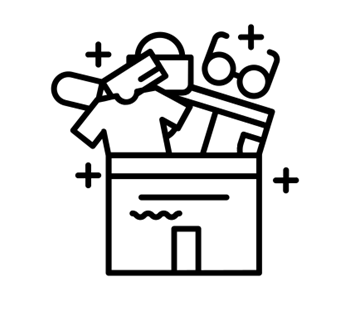 Outlines of a box packed with various items and plus signs all around symbolizing a bundle of items
