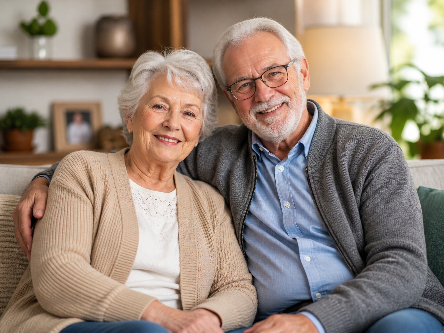 Two grandparents sitting next to each other on a couch