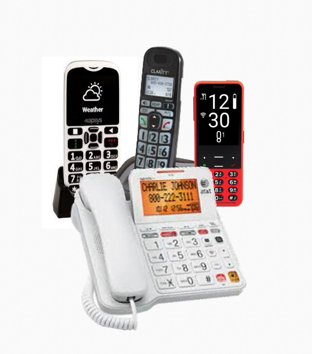 A selection of accessible telephones for those who are low vision or blind.  Large button cell phones, cordless phones, and land line corded phone.