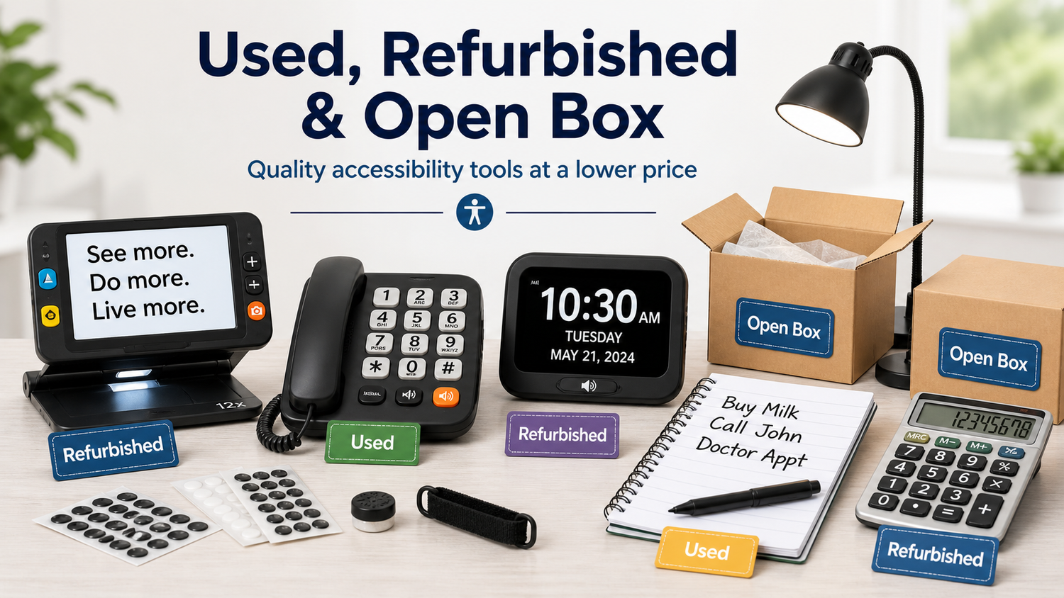 Used, refurbished, and open-box accessibility tools displayed on a table, including a video magnifier, large-button phone, clock, lamp, boxes, notepad, tactile dots, and calculator.