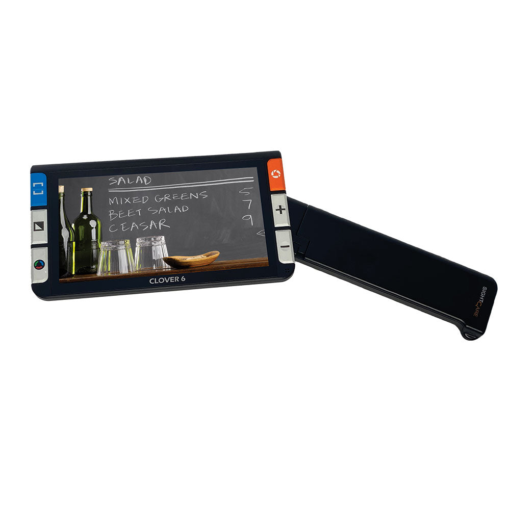 The Clover 6 with its handle pulled out, viewing a blackboard using its distance capabilities.