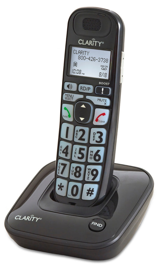 Clarity D703 amplified cordless phone with 35dB amplification, large backlit buttons, visual caller ID, and charging base  

Amplified home phone for seniors, model D703, with big buttons, extra loud ringer, and noise-reducing Clarity Power technology

Cordless amplified phone with large keypad, visual display, and hands-free speakerphone, ideal for hearing loss and low vision

Clarity D703 big button phone on charging base with 35dB sound boost and super-bright visual ringer