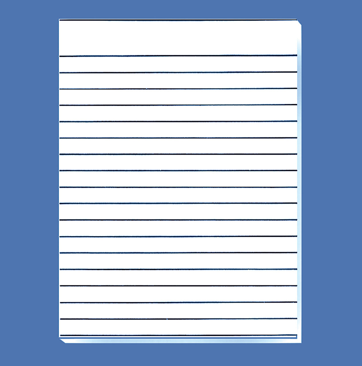 Bold line writing paper. Paper pads with bold black lines on both sides of the 8.5 x 11 inch sheets. Lines are .56 inches apart. Gummed pad of 100 sheets. 20Lines per page
