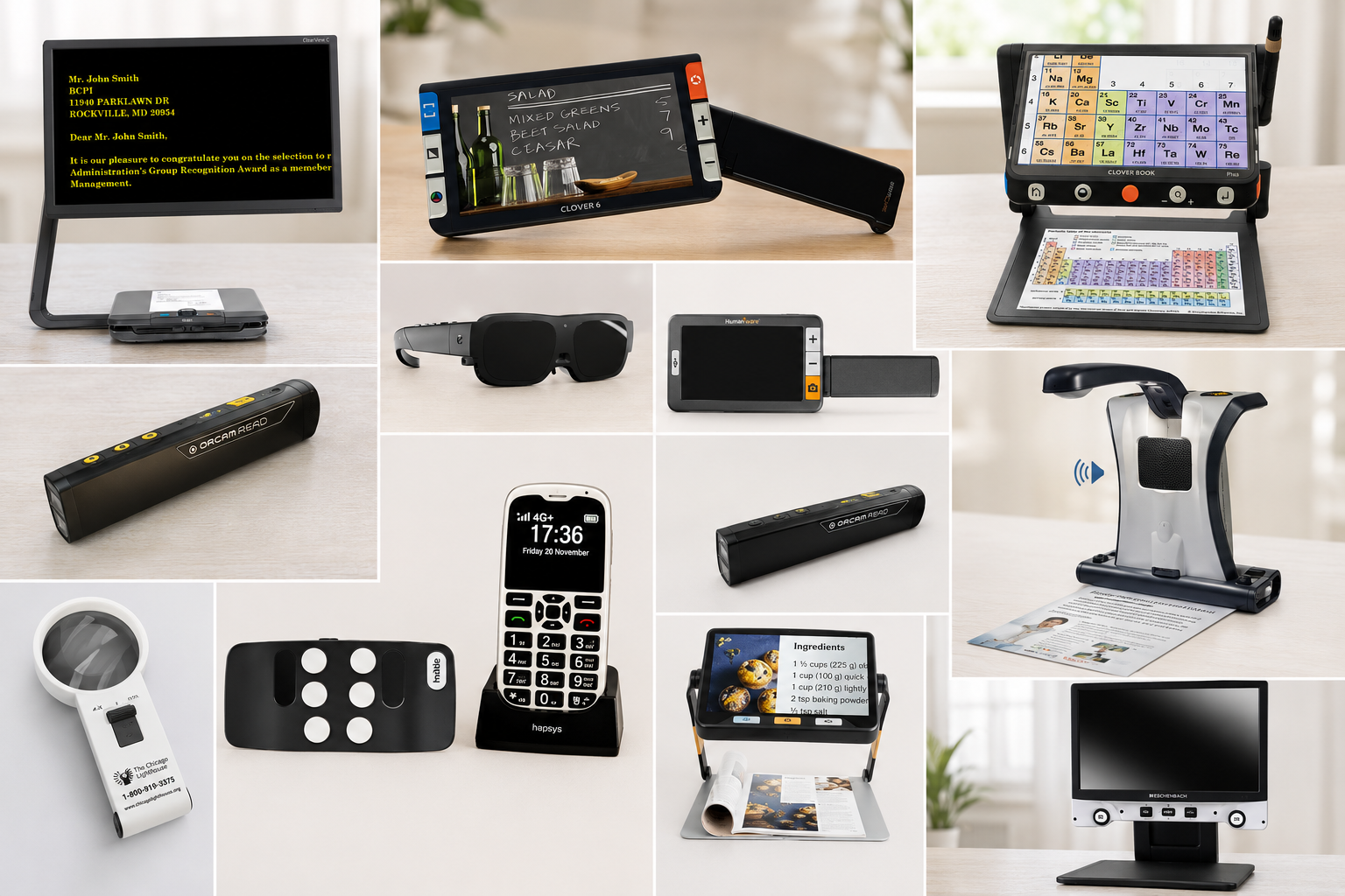 Collage of assistive technology devices for low vision, including desktop and portable video magnifiers, OCR readers, wearable smart glasses, handheld magnifiers, accessible phones, and reading tools arranged on a clean neutral background to represent finding the right assistive device for reading, writing, distance viewing, hobbies, and daily tasks.