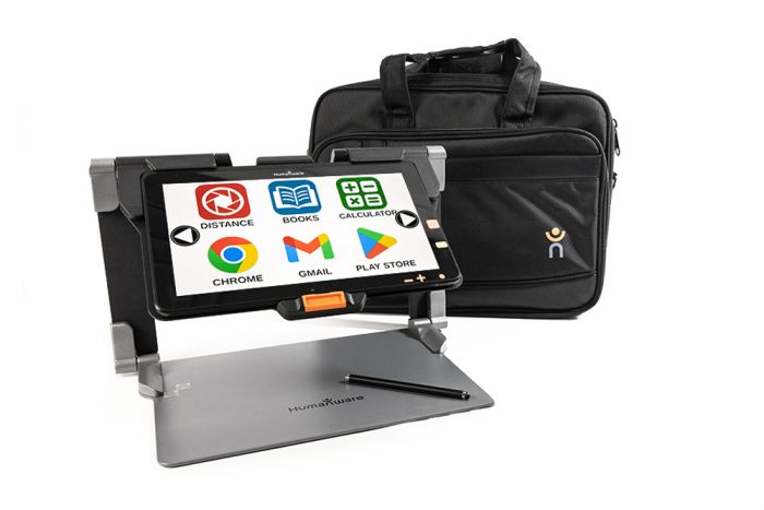Connect 12 V2 Smart Portable Magnifier with view of home menu with black laptop sized carrying case in the background