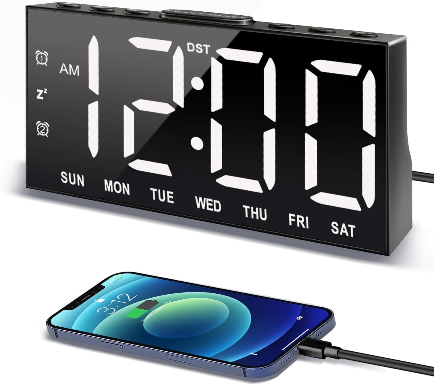 Digital Alarm Clock with Large Display.  Perfect for anyone, with low vision who may have difficulties seeing smaller clocks or trouble with clocks that do not have a contrasting color. shown here is a black clock with big and bold white numbers and letters with a black contrasting background on the clock.  It shows that it is tethered to a black cable and connected to a mobile device.