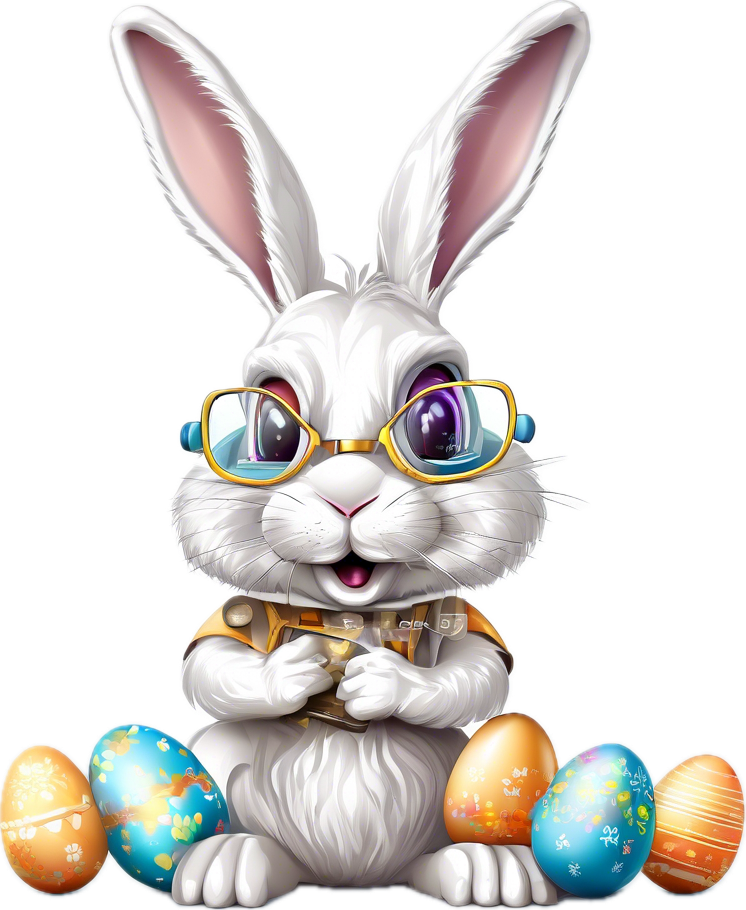 An Easter bunny wearing glasses surrounded by decorated eggs.