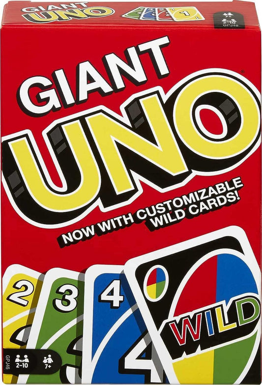Large Uno Playing Cards in it's box. Get ready to super-size your UNO experience with the Mattel Games Giant UNO Card Game! It's not just a game; it's a colossal adventure for kids, adults, and the whole family, including gamers with low vision.