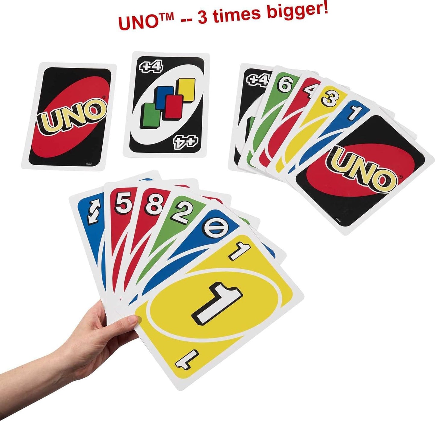 Large Uno Playing Cards showing different cards. Get ready to super-size your UNO experience with the Mattel Games Giant UNO Card Game! It's not just a game; it's a colossal adventure for kids, adults, and the whole family, including gamers with low vision.